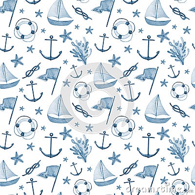 Watercolor hand drawn sea nautical seamless pattern Stock Photo