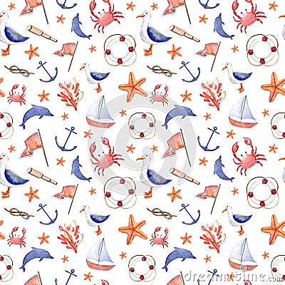 Watercolor hand drawn sea nautical seamless pattern Stock Photo