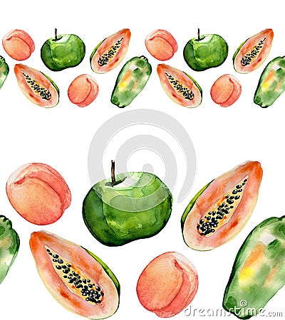 Watercolor hand drawn seamless border with green apples, peaches and papaya. Stock Photo