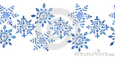 Watercolor hand drawn seamless horizontal border blue elegant snowflakes for Christmas new year design wrapping paper Stock Photo