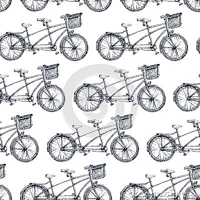 Watercolor hand drawn seamless pattern / background. Wedding romantic illustration on white background - vintage tandem bicycle Cartoon Illustration