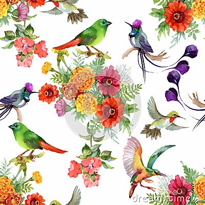 Watercolor hand drawn seamless pattern with beautiful flowers and colorful birds on white background. Vector Illustration