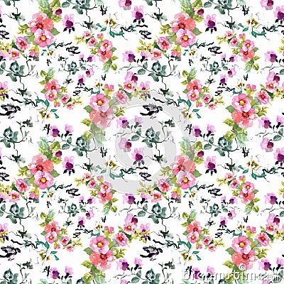 Watercolor hand drawn seamless pattern with beautiful flowers and colorful birds on white background. Vector Illustration