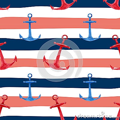 Watercolor hand drawn seamless pattern with blue and red anchors on red, white and blue marine striped background. Cute Stock Photo