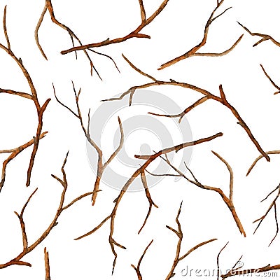 Watercolor hand drawn seamless pattern with brown branches twigs without leaves. Autumn fall winter illustration, wood Cartoon Illustration