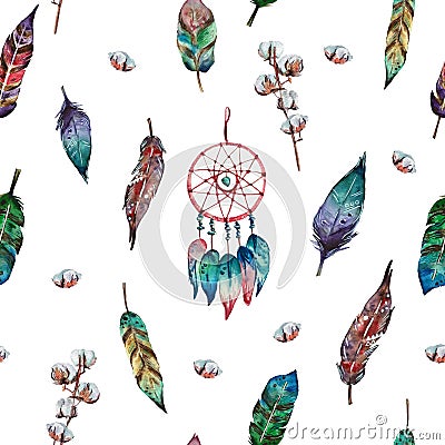 Watercolor hand drawn seamless pattern with colorful feathers, cotton branches and dreamcatcher on white background Stock Photo