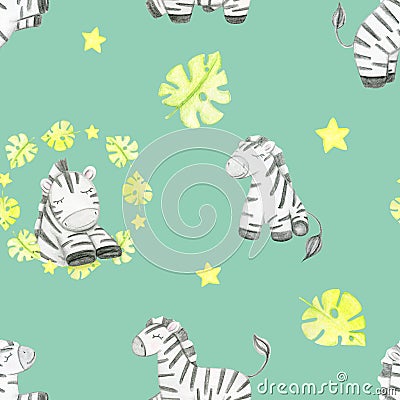 Watercolor Hand Drawn Seamless Pattern With Cute Zebra Safari Stock Photo