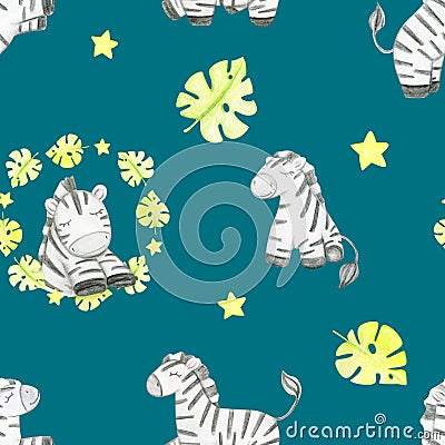 Watercolor Hand Drawn Seamless Pattern With Cute Zebra Safari Stock Photo