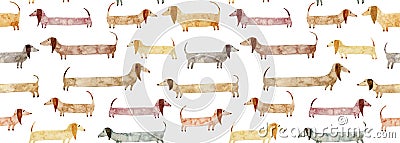 Watercolor hand drawn seamless pattern with dogs isolated on white background. Long stylized creative cute dachshunds Stock Photo