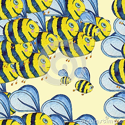 Watercolor hand drawn seamless pattern with flying bees Stock Photo