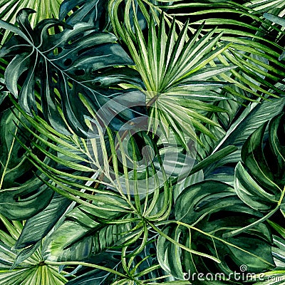 Watercolor hand drawn seamless pattern with green tropical leaves of monstera, banana tree and palm on black background Stock Photo