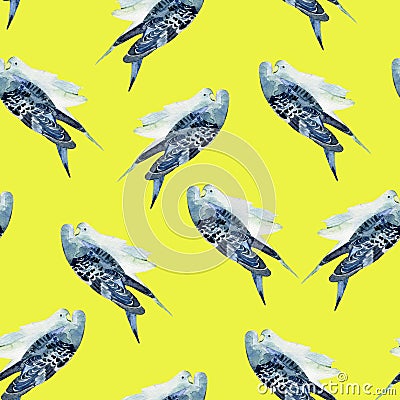 Watercolor hand drawn seamless pattern with parrot couple on yellow background. Stock Photo