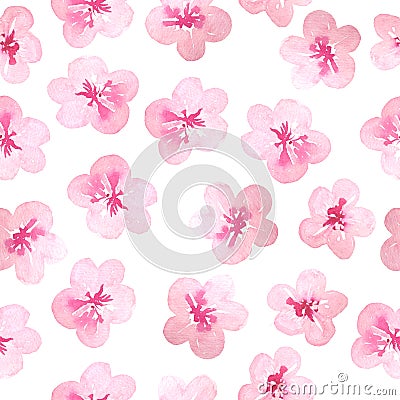 Watercolor hand drawn seamless pattern with pink cherry sakura flowers blossom bloom. Japanese Chinese Asian plant Cartoon Illustration