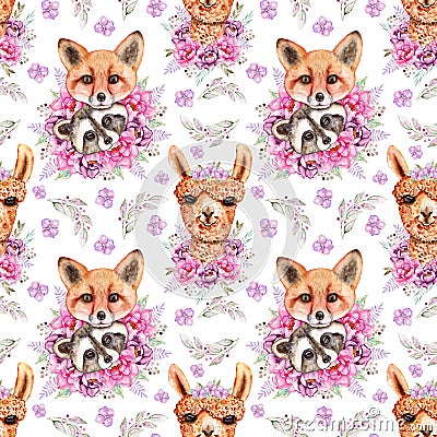 Watercolor Hand Drawn Seamless Pattern with racoon and lama for card making, paper, textile, printing, packaging Cartoon Illustration