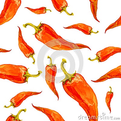 Watercolor hand drawn seamless pattern with red chilli pepper. Vector Illustration