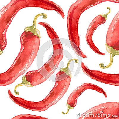 Watercolor hand drawn seamless pattern with red chilli pepper. Vector Illustration
