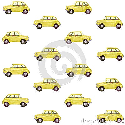 Watercolor hand drawn seamless pattern with retro yellow car isolated on white background. Stock Photo