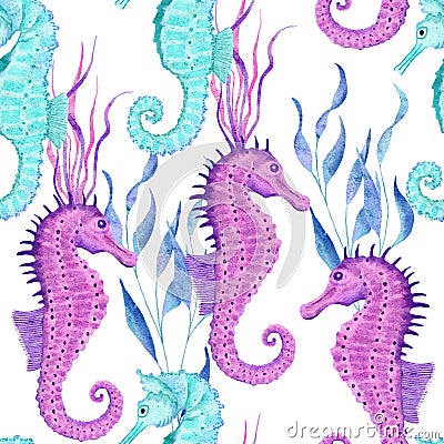 Watercolor hand drawn seamless pattern with underwater marine nautical animals shells fish. Purple blue seahorse seaweed Stock Photo