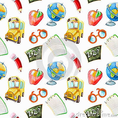 Watercolor hand drawn seamless of school items. Back to school pattern. Globe, school bus, apple, glasses, pencil Vector Illustration