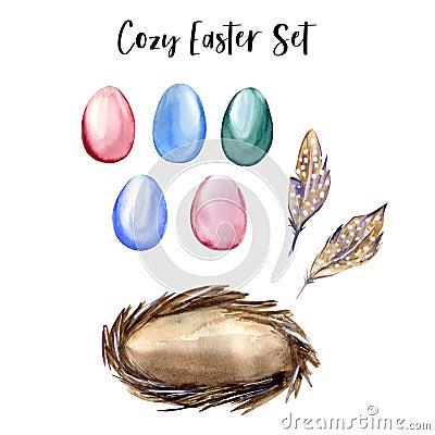 Watercolor hand drawn set of colorful Easter eggs, feathers and nest. You can create your own composition of traditional Easter Stock Photo