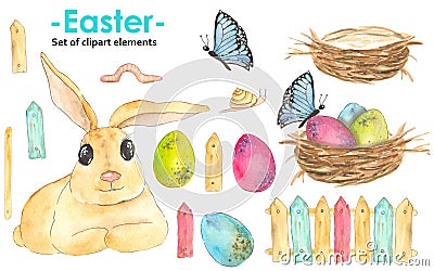 A watercolor hand-drawn set of colorful Easter eggs, a nest, a butterfly rabbit, a colorful fence, a snail and a worm. Stock Photo