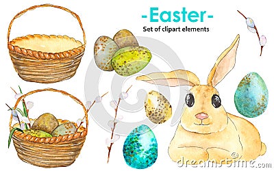 Watercolor hand-drawn set of colorful Easter eggs, wicker basket, rabbit and twigs with buds Stock Photo