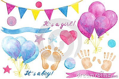 Watercolor hand drawn set with elements for baby shower party isolated on white background. Cartoon Illustration