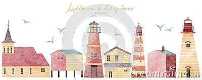 Watercolor hand drawn set with flat cartoon illustartion of lighthouse, islands, fishing houses, church. Collection of Stock Photo