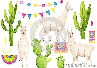 Watercolor hand drawn set with green cacti plants and white llama animal with colorful elements Stock Photo