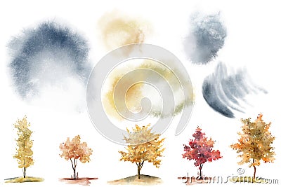 Watercolor hand drawn set with illustration of autumn colorful deciduous trees isolated on white background. Collection Cartoon Illustration