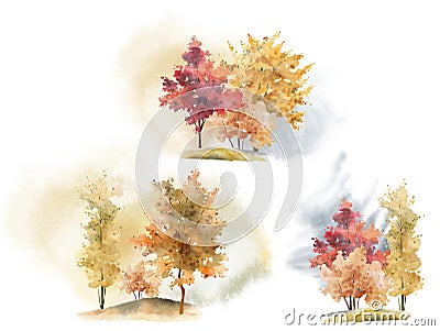 Watercolor hand drawn set with illustration of autumn colorful deciduous trees isolated on white background Cartoon Illustration