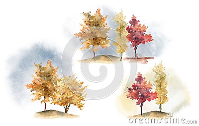 Watercolor hand drawn set with illustration of autumn colorful deciduous trees isolated on white background Cartoon Illustration