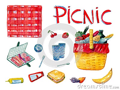 Watercolor hand drawn set including different food for breakfast on picnic on white background. Stock Photo