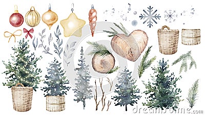 Watercolor hand drawn set. New Year tree, wicker basket. Christmas tree decorated with balls, lights, decorative twigs Stock Photo