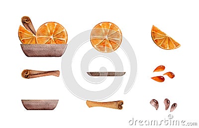 Watercolor hand drawn set of objects. Coffee drops, orange slices, juice drops, cinnamon sticks spice. Isolated on white Stock Photo