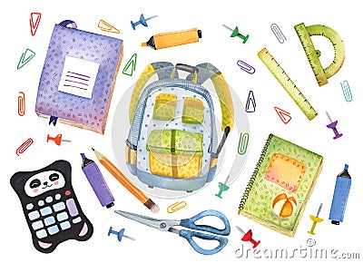 Watercolor hand drawn set of school items. Welcome back to school Vector Illustration