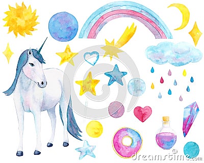Watercolor hand drawn set with unicorn and fairy tale elemens Stock Photo
