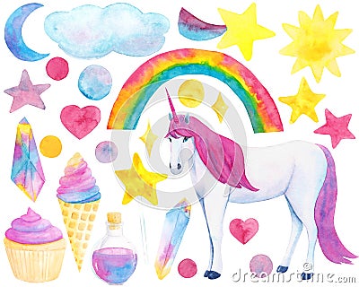 Watercolor hand drawn set with unicorn and fairy tale elemens Stock Photo