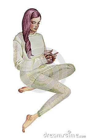 Watercolor hand-drawn sitting girl with cup of tea or coffee. Autumn hygge mood. Stay at home. Art creative object for Stock Photo