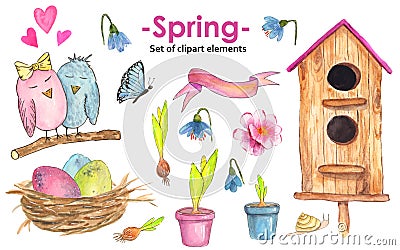 Watercolor hand-drawn spring set of multicolored flower pots, plant bulbs, love birds on a branch, butterflies, blue flowers, Stock Photo