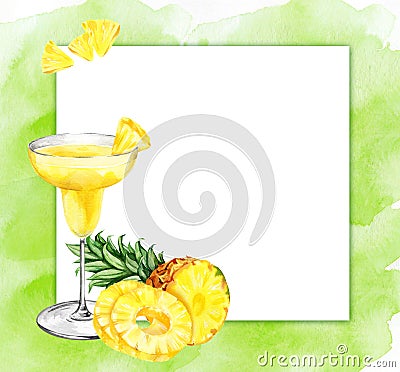 watercolor hand drawn square frame with pineapple with half and slices ripe pineapple and cocktail glass, sketch of Cartoon Illustration