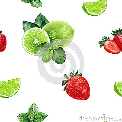 Watercolor hand drawn strawberry, lime, mint isolated seamless pattern. Cartoon Illustration