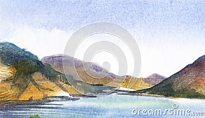 Watercolor hand drawn summer landscape of Sevan lake in Armenia. Beautiful pure pond with high mountains and green hills around. Stock Photo