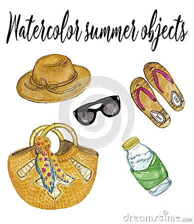 Watercolor hand drawn summer objects, beach elements, women's accessories, hat, black sunglasses, bottle of water Stock Photo