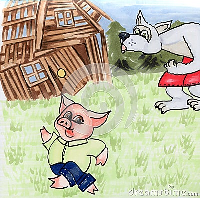 Watercolor hand drawn three pigs. Story. Illustrations and a cover. Vector Illustration