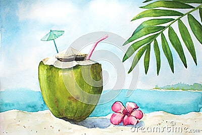 Watercolor tropical landscape with coconut Stock Photo