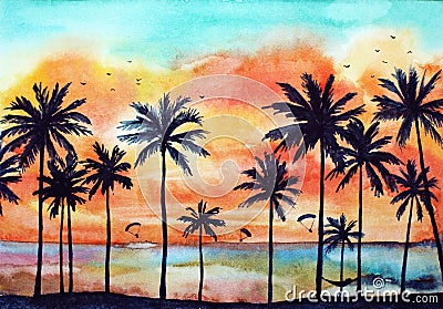 Watercolor tropical landscape Stock Photo