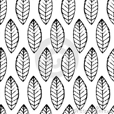 Watercolor hand drawn vector leaf seamless pattern. Abstract grunge black and white texture background. Nature organic line illus Vector Illustration