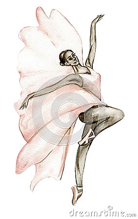 Watercolor dancing ballerina with dark skin. Pink pretty ballerina Vector Illustration