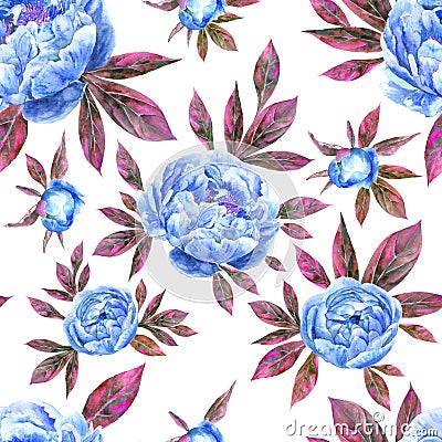 Watercolor hand drawn peone vintage seamless pattern with peony flowers and leaves Stock Photo